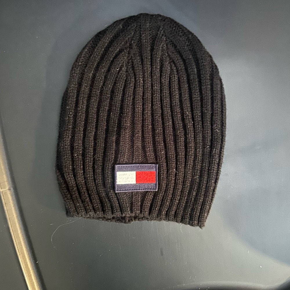 Children’s size Tommy Hilfiger Black Ribbed Beanie with Logo Patch